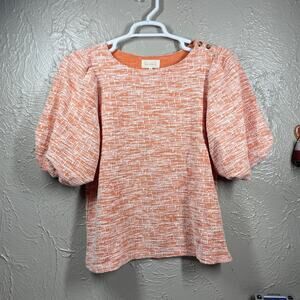 NWT Melloday Orange White Puff Sleeve Shoulder Button Woven Top Womens Sz Medium